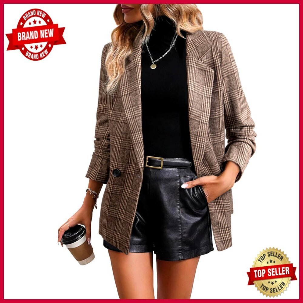 Oversized Plaid Blazer Double Breasted Lapel Collar Long Sleeve Work Jacket